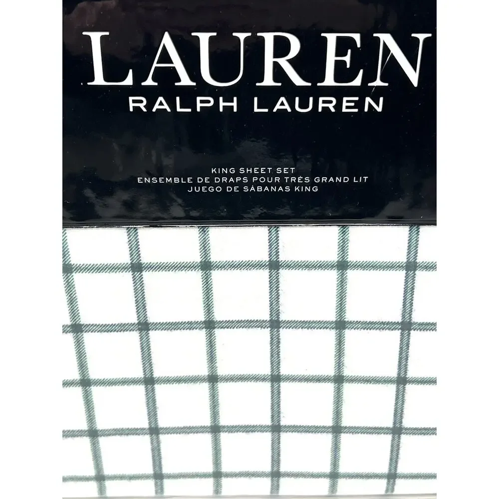 Ralph Lauren Millerton Plaid Flannel Sheet Set King Size Check Green Blue *READ*